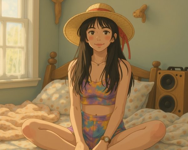Cozy Bedroom Scene with Young Woman in Summer Attire
