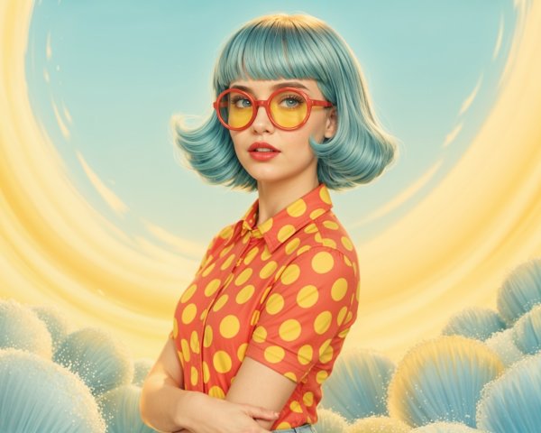 Young woman in playful bob with colorful attire