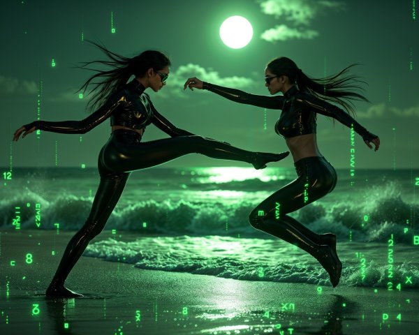 Futuristic duel on a moonlit beach with neon code
