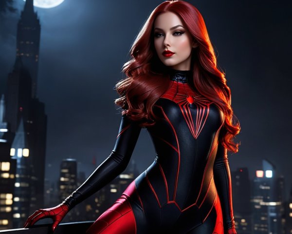 Superheroine on Rooftop with Moonlit City Background