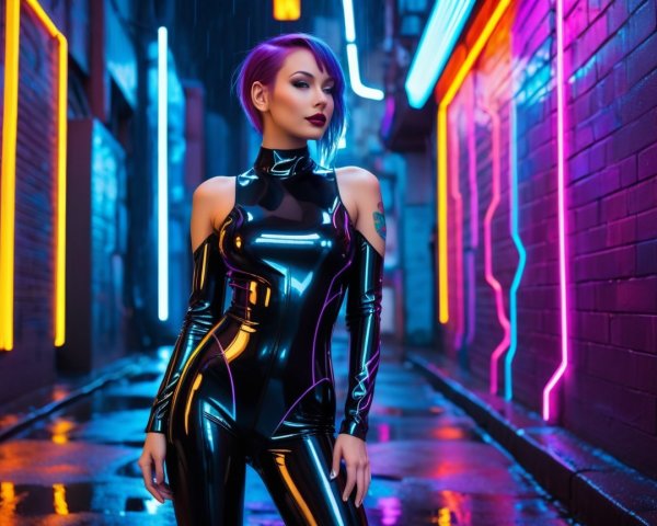 Futuristic Cyberpunk Figure in Neon Alleyway