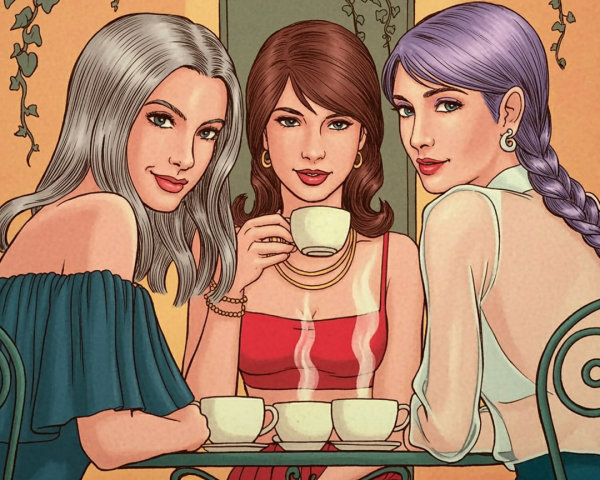 Stylish Women Enjoying Tea at a Café Table