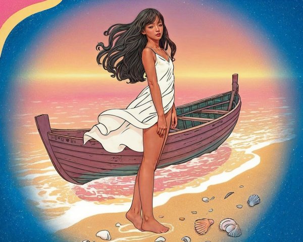 Young Woman in White Dress on Serene Beach at Sunset