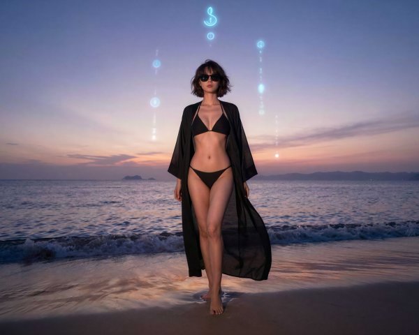 Fair-skinned female in black bikini on beach at sunset