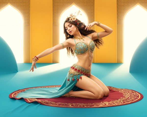 Elegant dancer in intricate costume on patterned rug