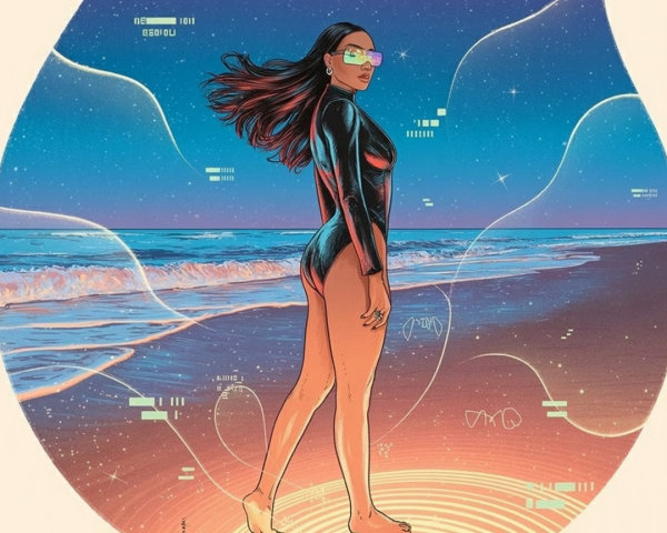 Stylish Figure in Black Swimsuit at Sunset Beach