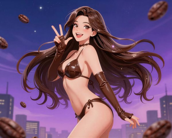 Anime-style illustration of woman with coffee beans