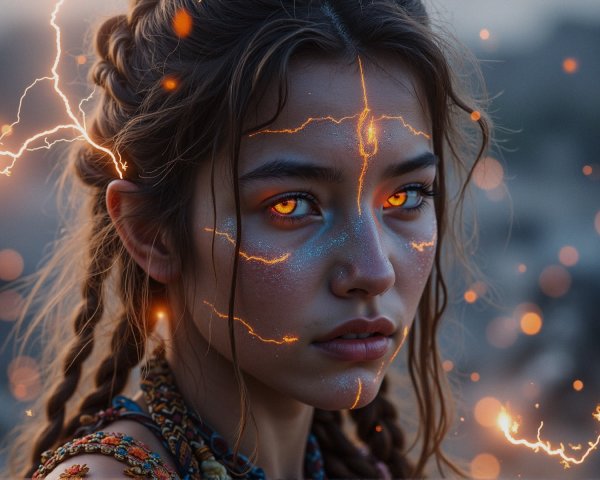 Young woman with orange eyes and mystical features