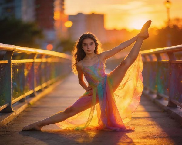 Portrait of a girl in rainbow ballet dress on bridge
