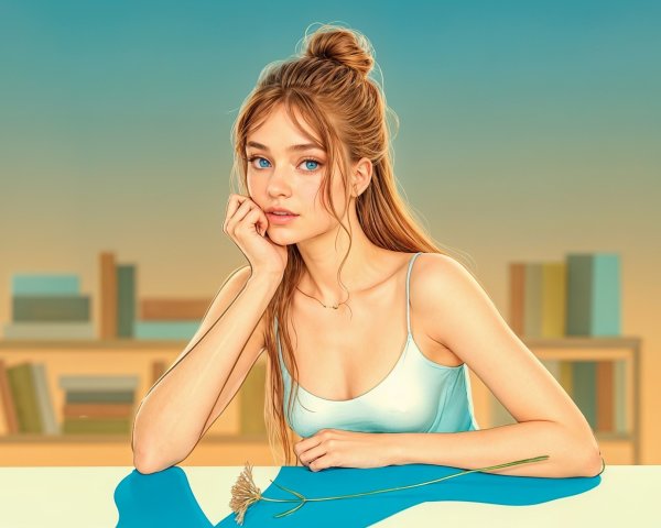 Thoughtful Young Woman at Table with Flower and Books