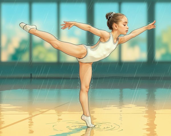 Young Girl in Ballet Pose Amid Raindrops in Gymnasium