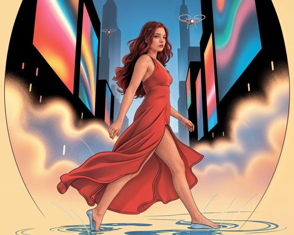 Woman in Red Dress in Futuristic Cityscape