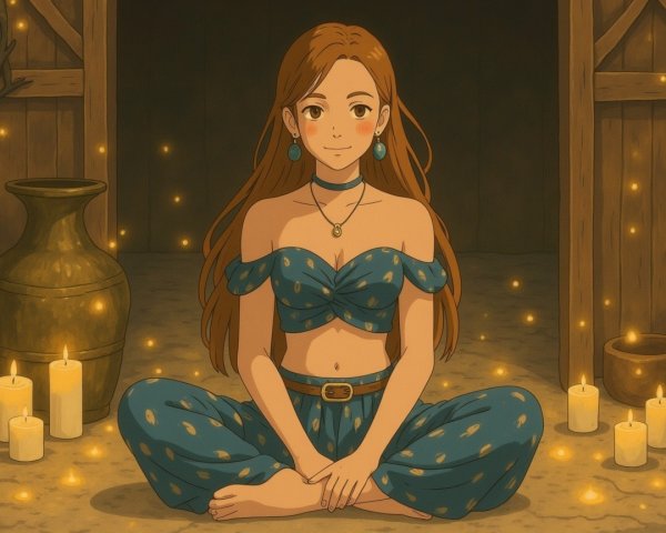 Serene Young Woman in Cozy Candlelit Space