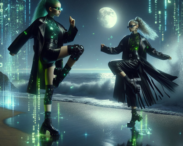 Futuristic Figures on a Moonlit Beach with Data Streams