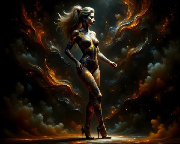 Ethereal Woman with Cosmic Body Art in Starry Backdrop