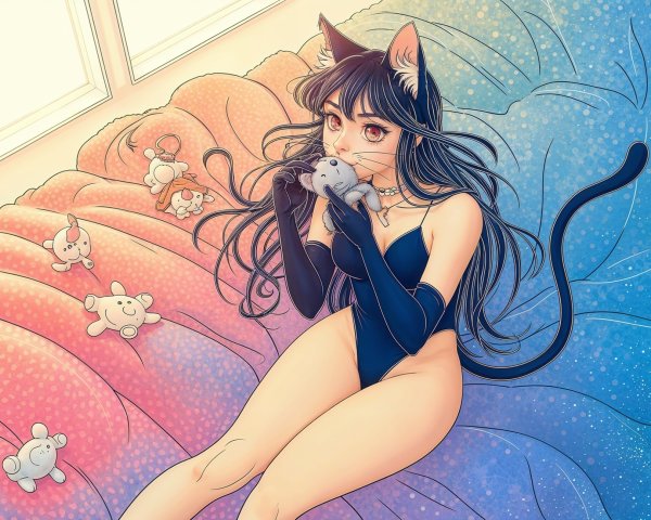 Girl with Cat Ears on Colorful Bed with Plush Toys