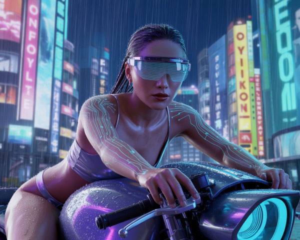 Futuristic woman with cybernetic enhancements on motorcycle