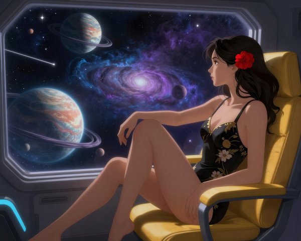 Anime Girl in Spaceship with Galaxy View and Chair