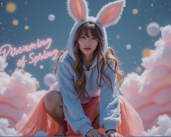 Young woman in bunny hoodie in whimsical setting