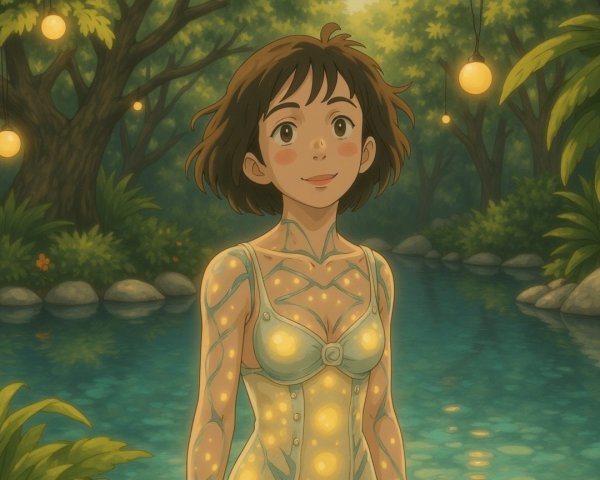 Young girl in a magical forest by a blue pond