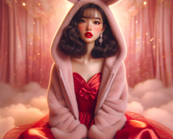 Whimsical Scene of Woman in Bunny-Eared Jacket