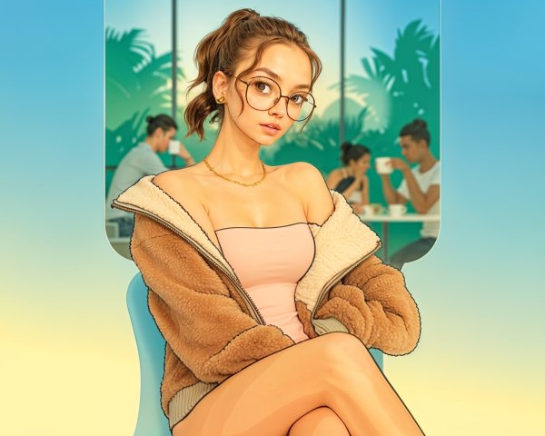 Young Woman in Cozy Brown Jacket in Tropical Setting