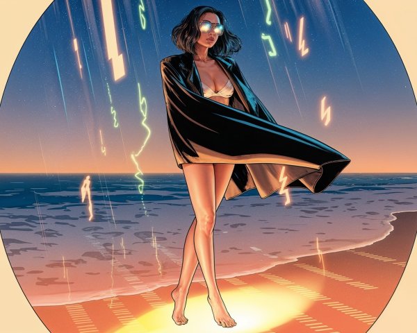 Lone Figure by Shore at Dusk with Futuristic Elements