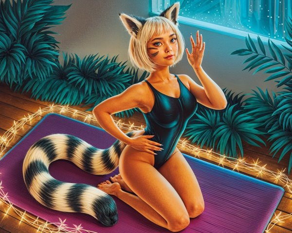 Young Woman with Cat Features on Yoga Mat in Nature