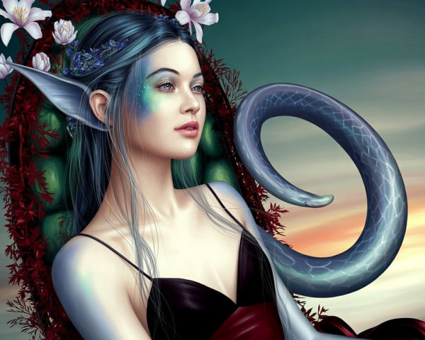 Mystical figure with serpent tail in sunset scene