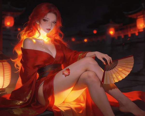 Woman in Red Kimono with Lanterns in Dark Street