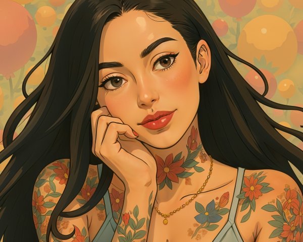 Young woman with floral tattoos and serene expression
