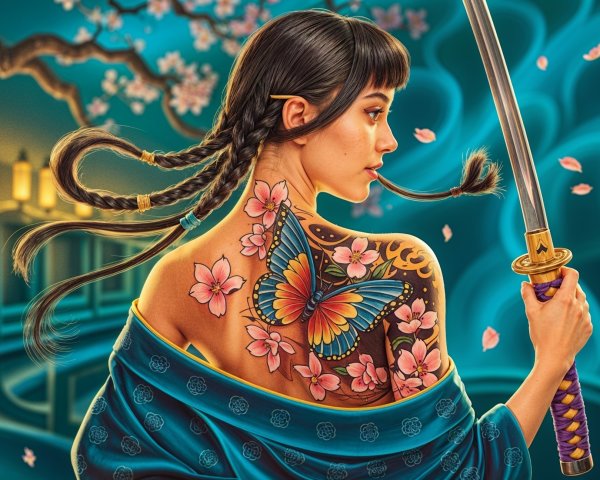 Woman with Tattoos, Katana, and Cherry Blossoms