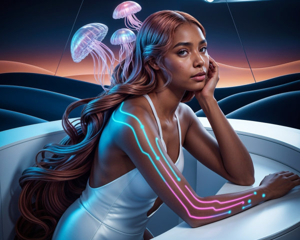 Futuristic Scene of Woman with Bioluminescent Jellyfish