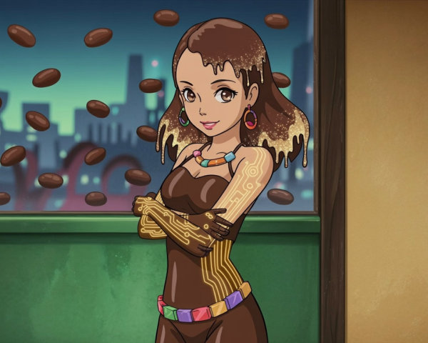 Stylized animated character with chocolate-themed attire