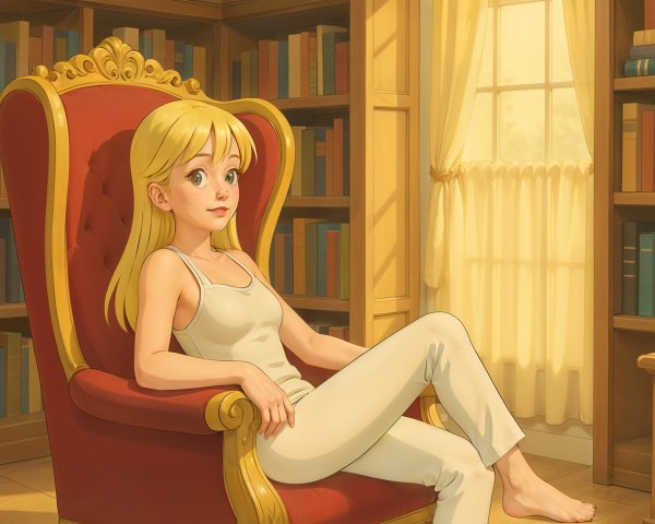 Young Woman in White Attire in Cozy Library Setting
