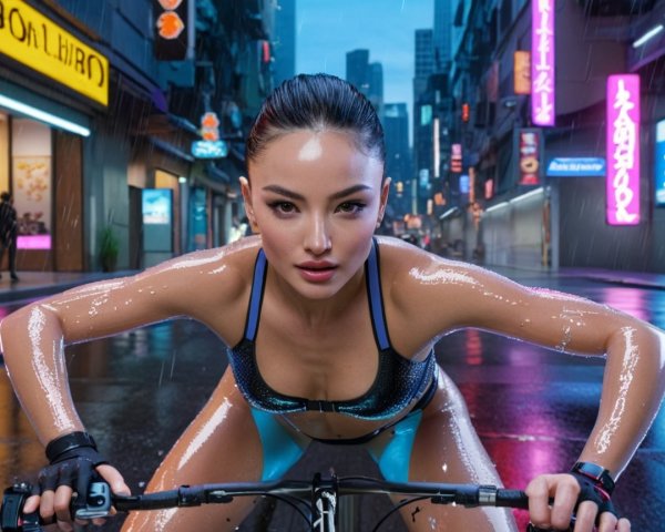 Female Cyclist in Futuristic Urban Neon Setting