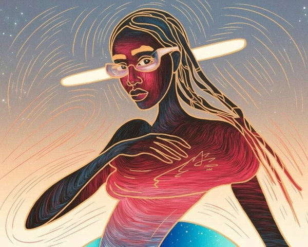 Stylized female figure with glowing glasses in motion