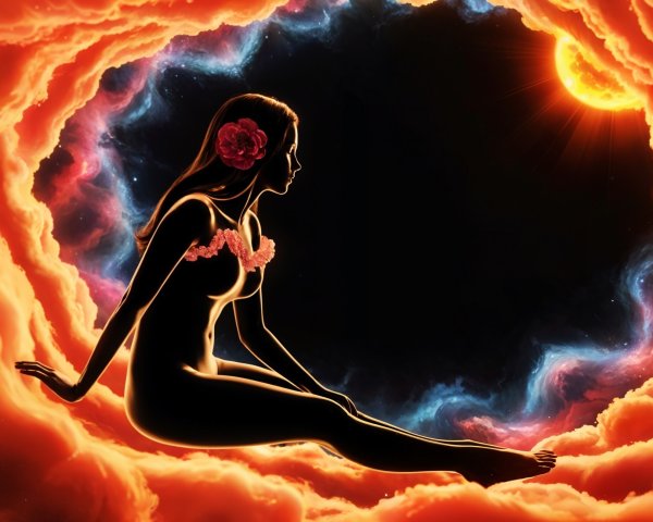 Silhouetted Woman in Cosmic Cloudscape with Flower