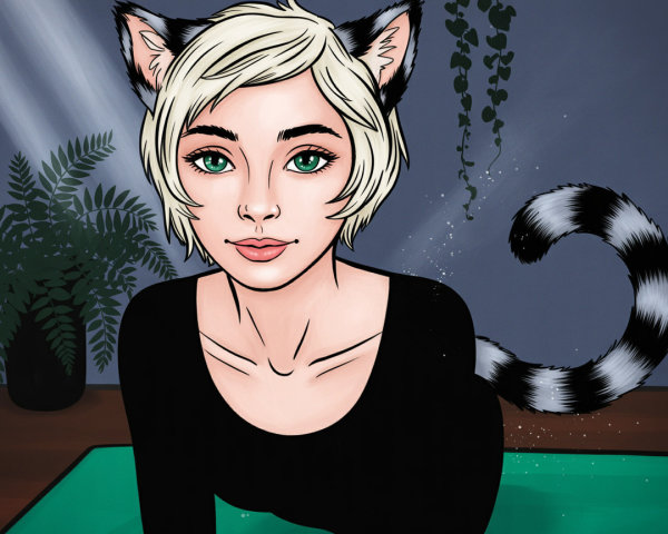 Stylized character with cat features in vibrant setting