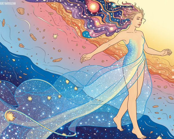 Celestial Figure in Vibrant Cosmic Background