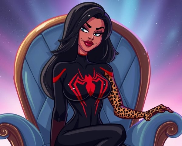 Stylized female character in black spider suit and chair