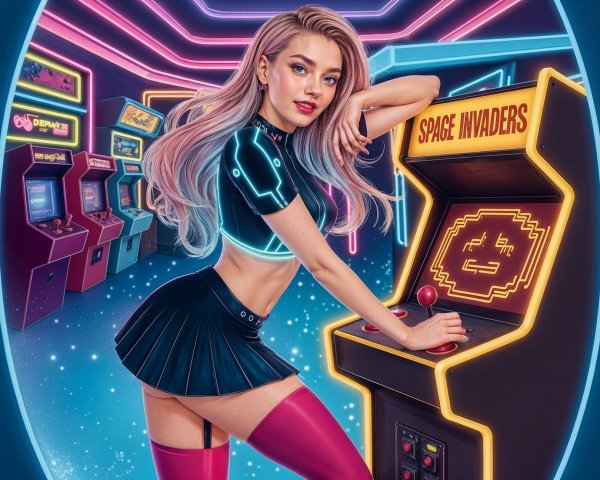 Young Woman in Futuristic Outfit by Arcade Machine