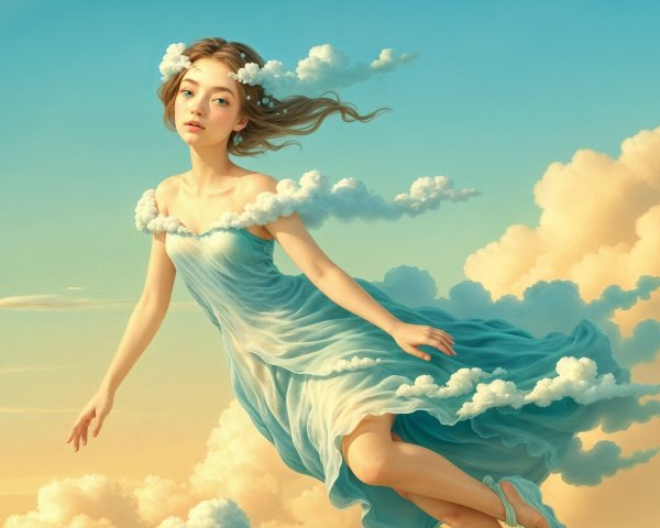 Young girl floating in a serene pastel sky scene