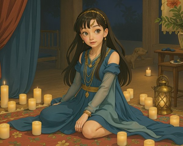 Young girl in blue dress on colorful rug with candles