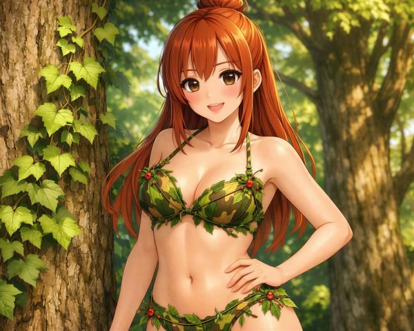 Smiling girl in leafy bikini in a forest setting