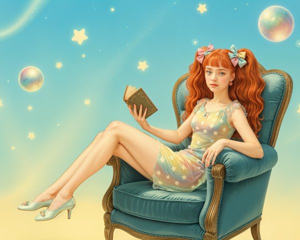 Young girl in vintage chair with whimsical background
