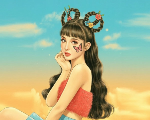 Young woman with pigtails against a vibrant sky