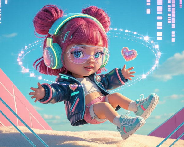Animated girl with pink hair in a colorful setting