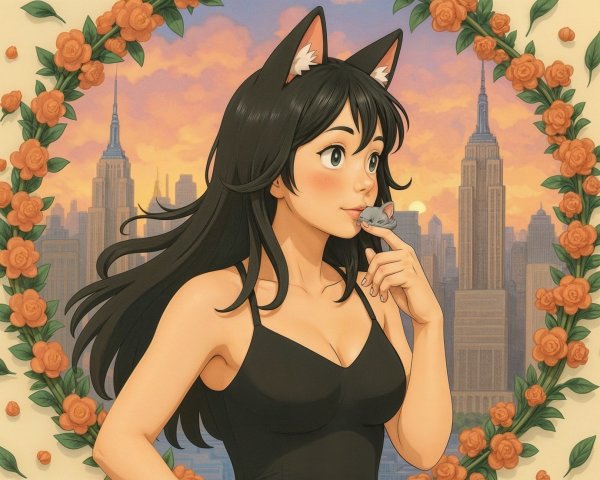 Young woman with cat ears holds mouse, city skyline backdrop