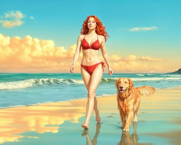Woman in red bikini walks beach with golden retriever